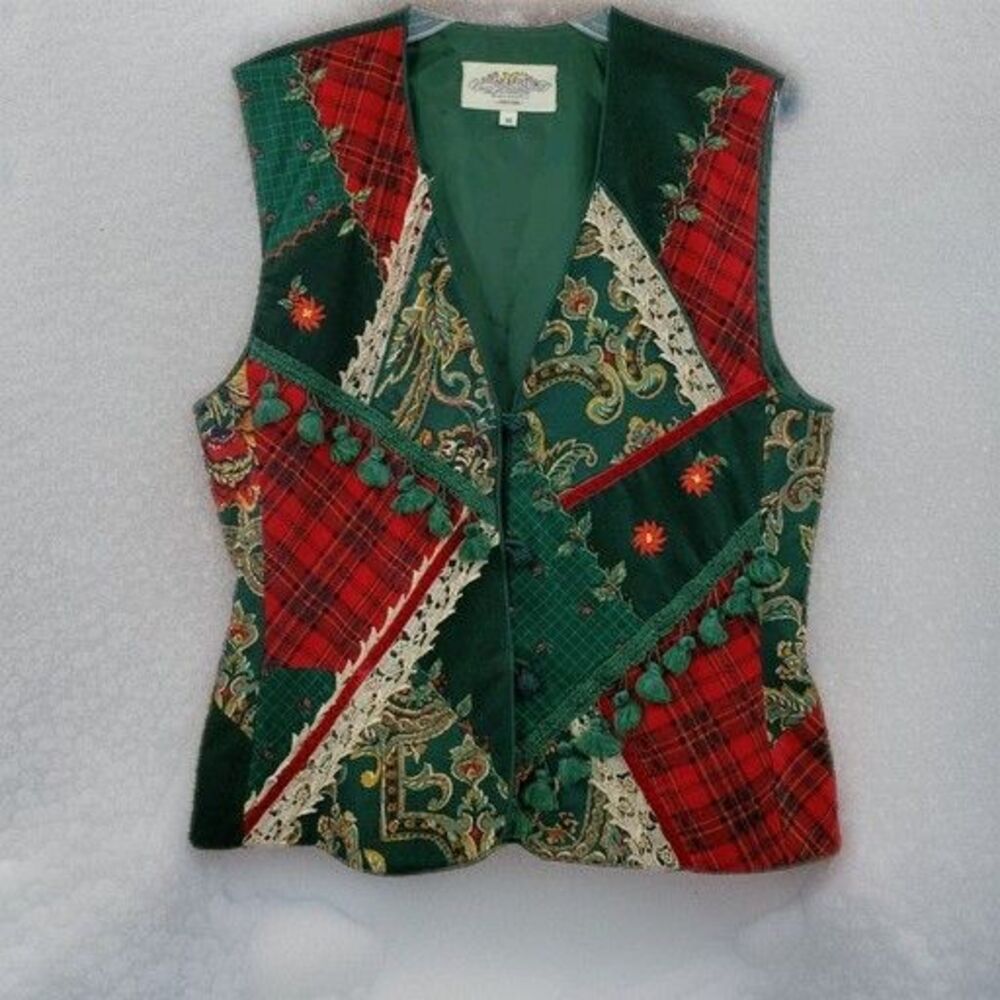 Vintage Susan Bristol Vest Sz P M Green Red Patchwork Christmas Holiday Corduroy